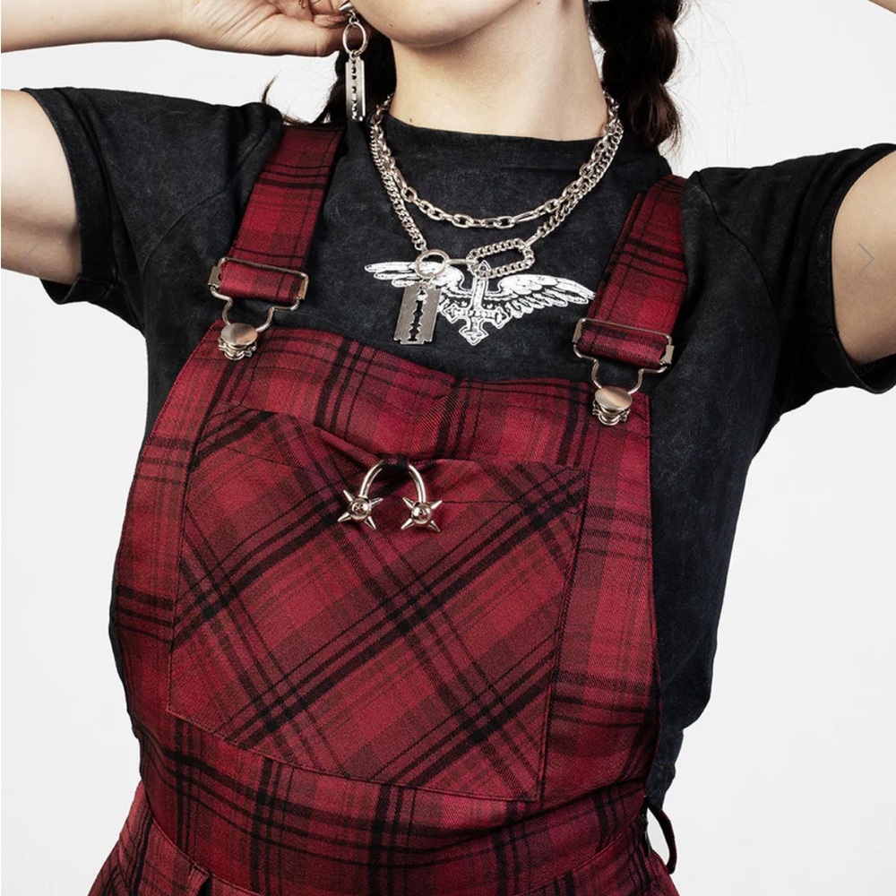 Disturbia Ferreira Mom Dungarees Buffalo Plaid Overalls Goth Grunge Punk Red - Picture 6 of 14